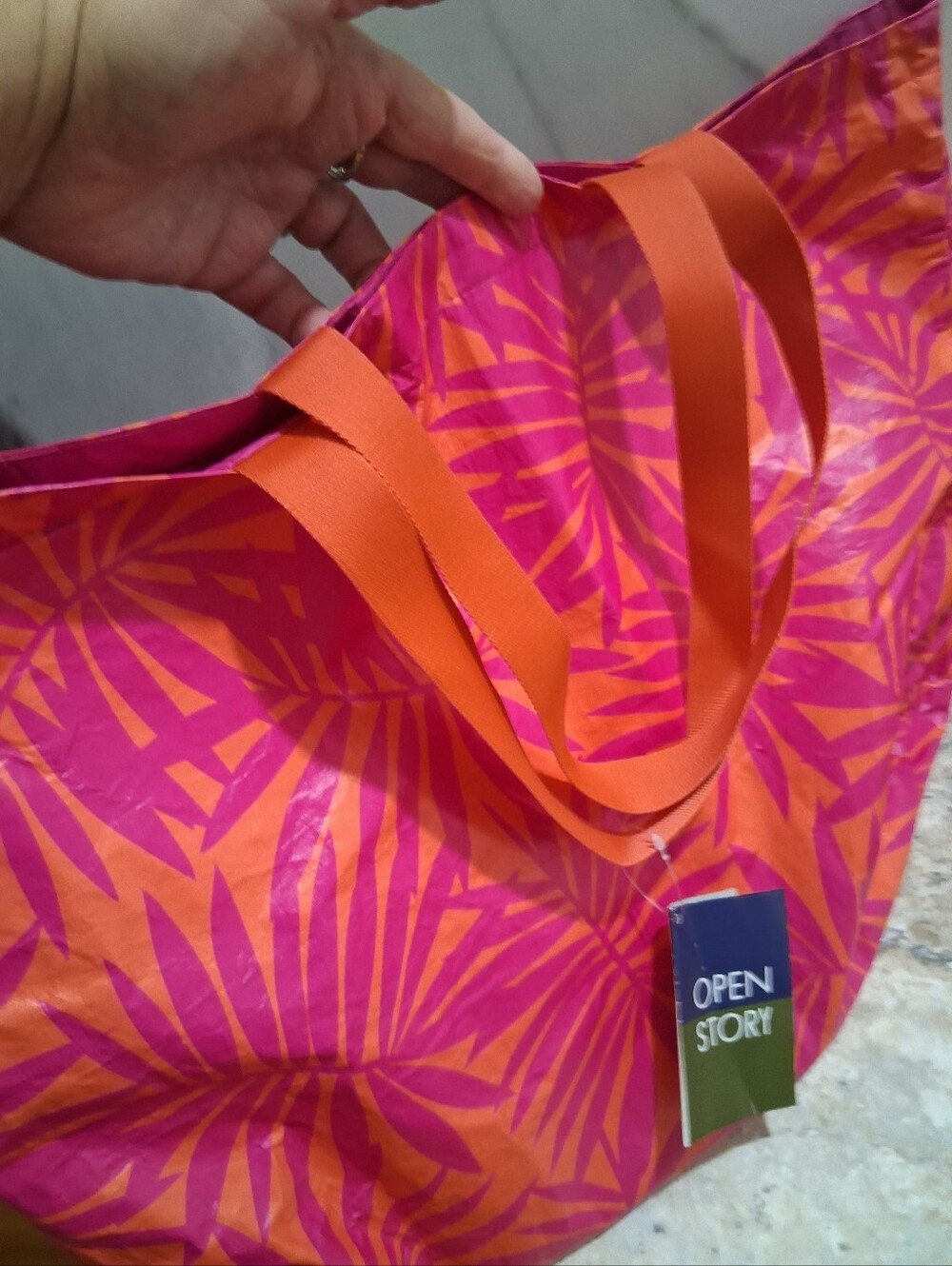 Open Story Pink and Orange Palm-Print Tote Bag - Picture 6 of 6